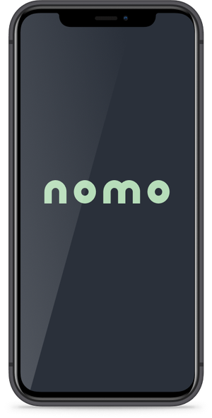 Mobile screen with the Nomo logo on a black background.
