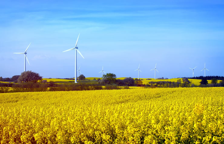 A row of wind turbines in south Sweden.