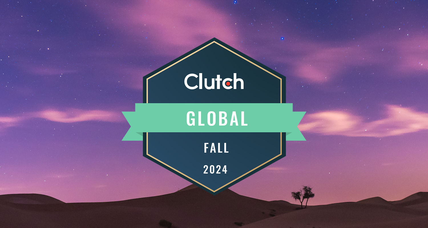 Long exposure shot in the Dubai desert dunes before sunrise, overlayered with an award badge that reads Clutch Global Fall 2024.