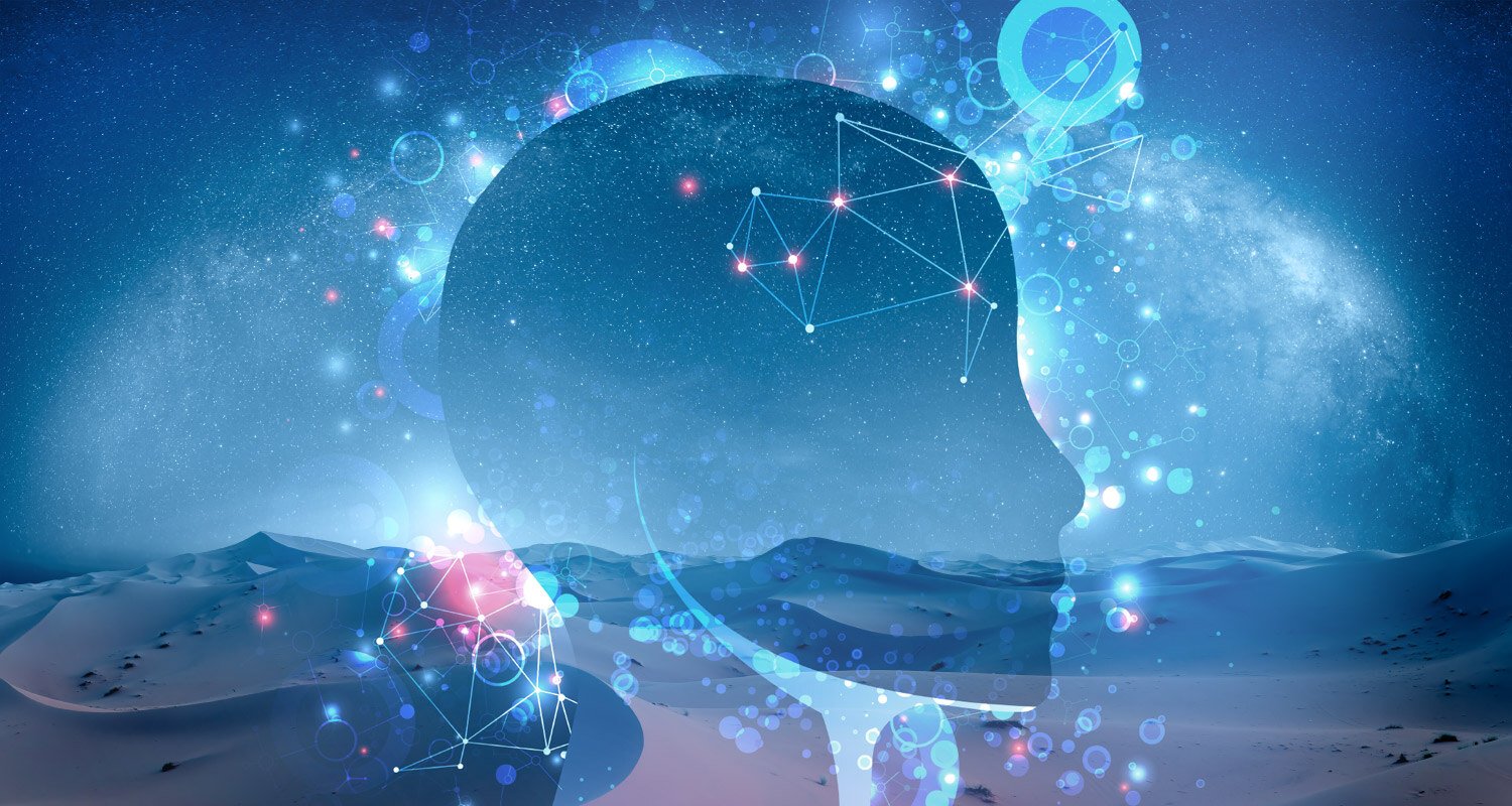 Abstract illustration of a human head silhouette overlaid with digital connections, glowing nodes, and a starry night sky, symbolizing the integration of artificial intelligence, technology, and innovation in enhancing productivity.