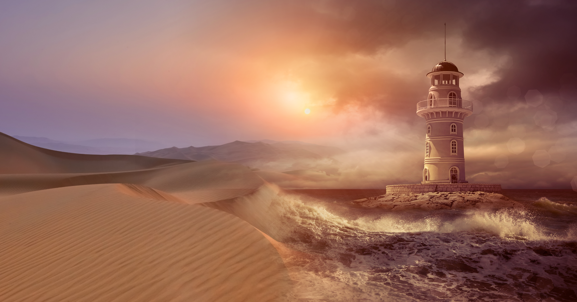 Coastal lighthouse with waves and desert landscape at sunset.