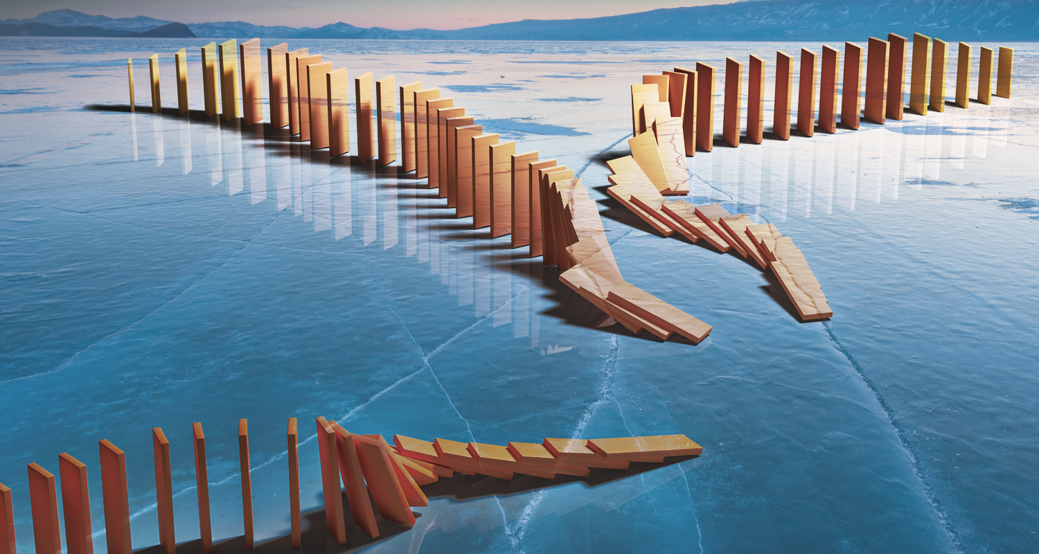 An artistic representation of orange dominoes collapsing on a cracked icy lake, symbolising the interconnected challenges and vulnerabilities that can lead to startup failures.