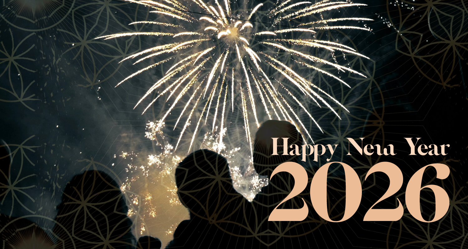 Golden fireworks light up a dark night sky with silhouettes of people in the foreground and text reading Happy New Year 2026.