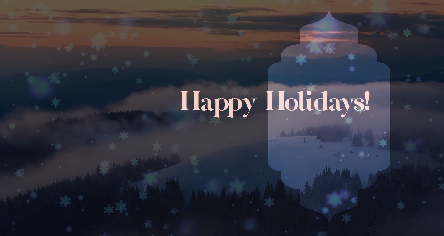 Happy Holidays greeting card with snowflakes and winter mountain landscape at sunrise.