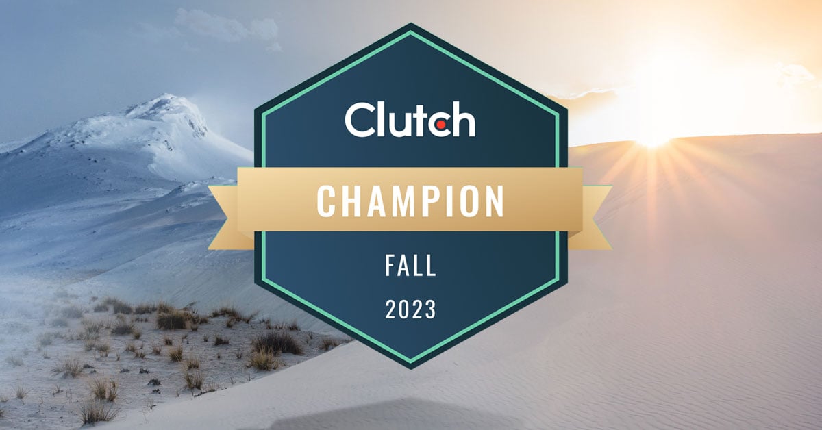 Clutch Champion Fall 2023 award badge overlayered on an ambient image blend of a snowy Nordic mountain landscape blending into desert dunes.