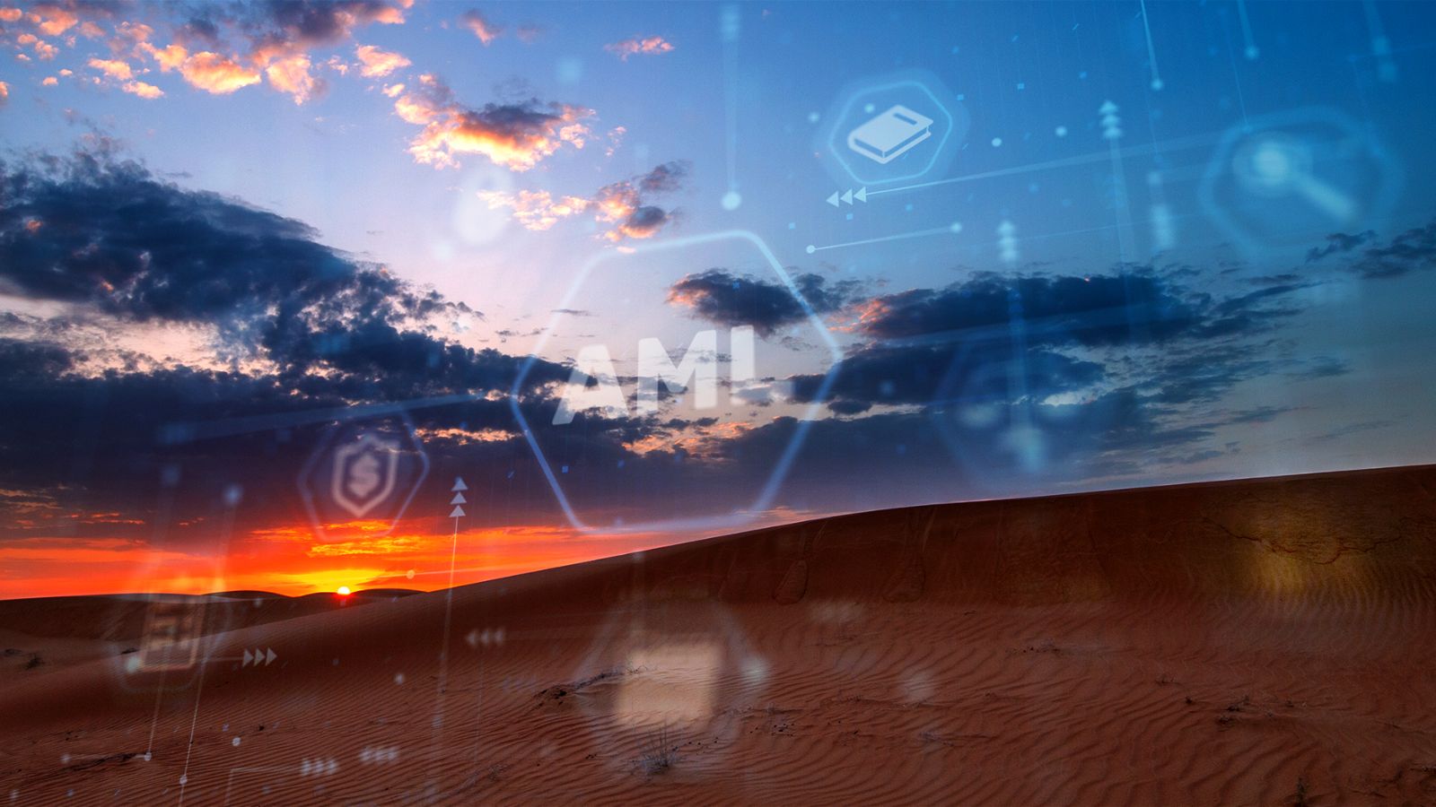 Photo montage of a desert sand dune at sunrise, over-layered with tech icons.